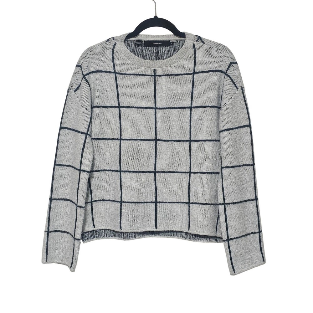 Vero Moda XS Crew Neck Sweater Gray Green Windowpane Knit Pullover Minimal ~